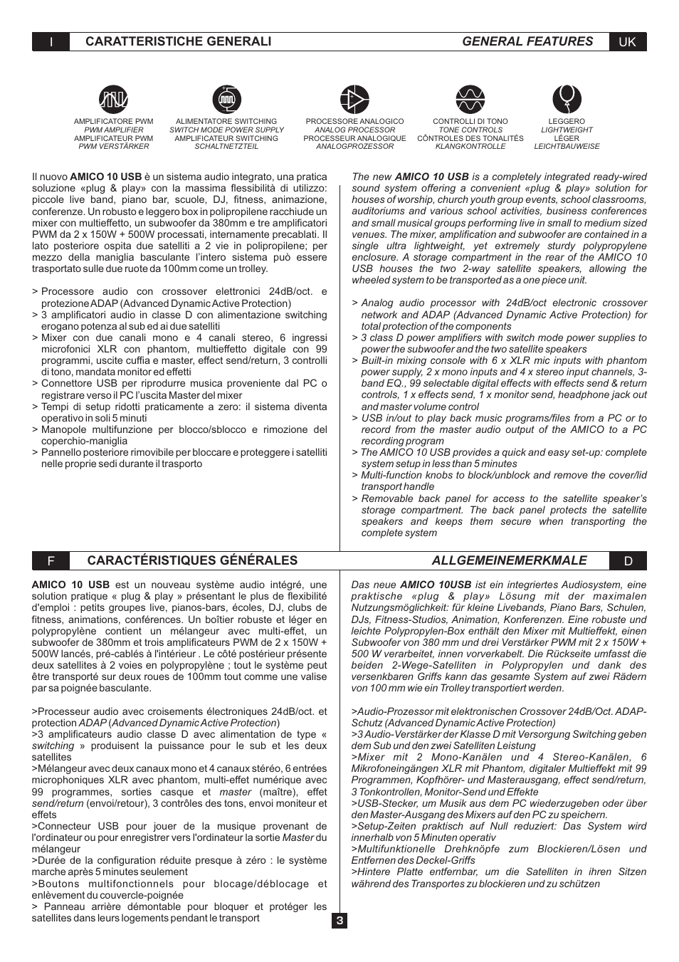 Caratteristiche generali uk i general features, Caractéristiques générales d f allgemeinemerkmale | FBT AMICO10USB User Manual | Page 5 / 36