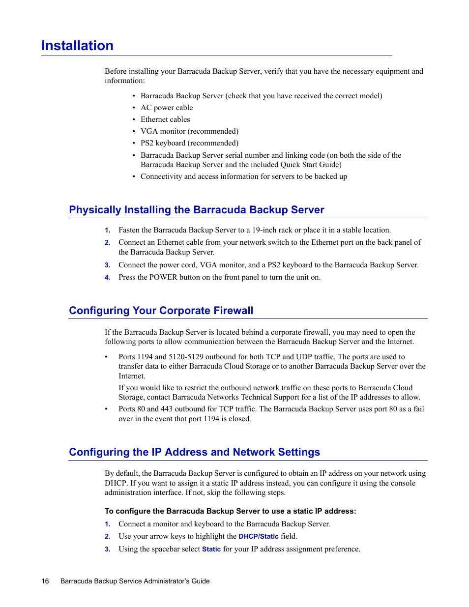 Installation, Physically installing the barracuda backup server, Configuring your corporate firewall | Configuring the ip address and network settings | Barracuda Networks 4 User Manual | Page 18 / 69