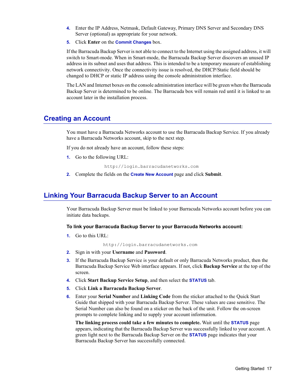 Click enter on the commit changes box, Creating an account, Linking your barracuda backup server to an account | Sign in with your username and password, Click link a barracuda backup server | Barracuda Networks 4 User Manual | Page 19 / 69
