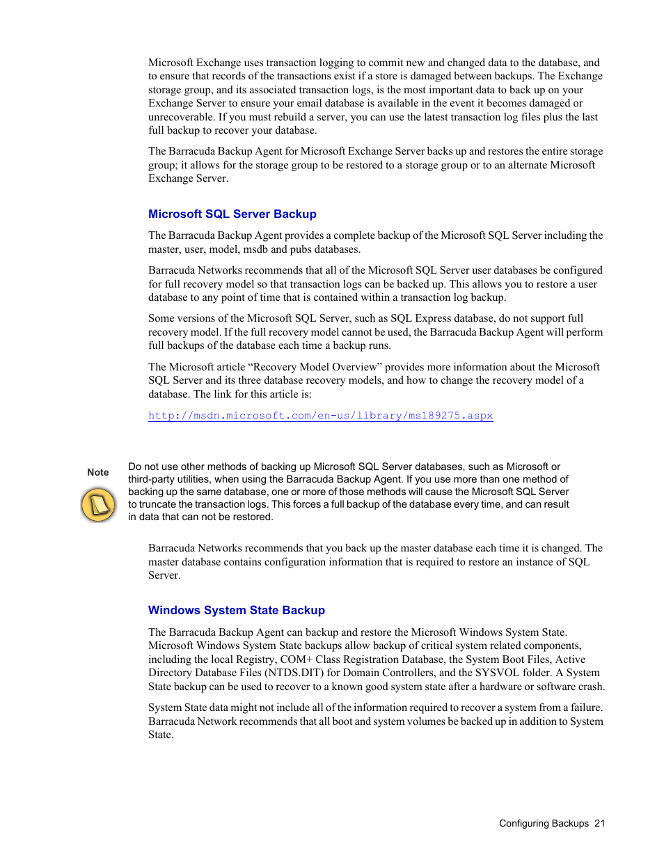 Microsoft sql server backup, Windows system state backup | Barracuda Networks 4 User Manual | Page 23 / 69