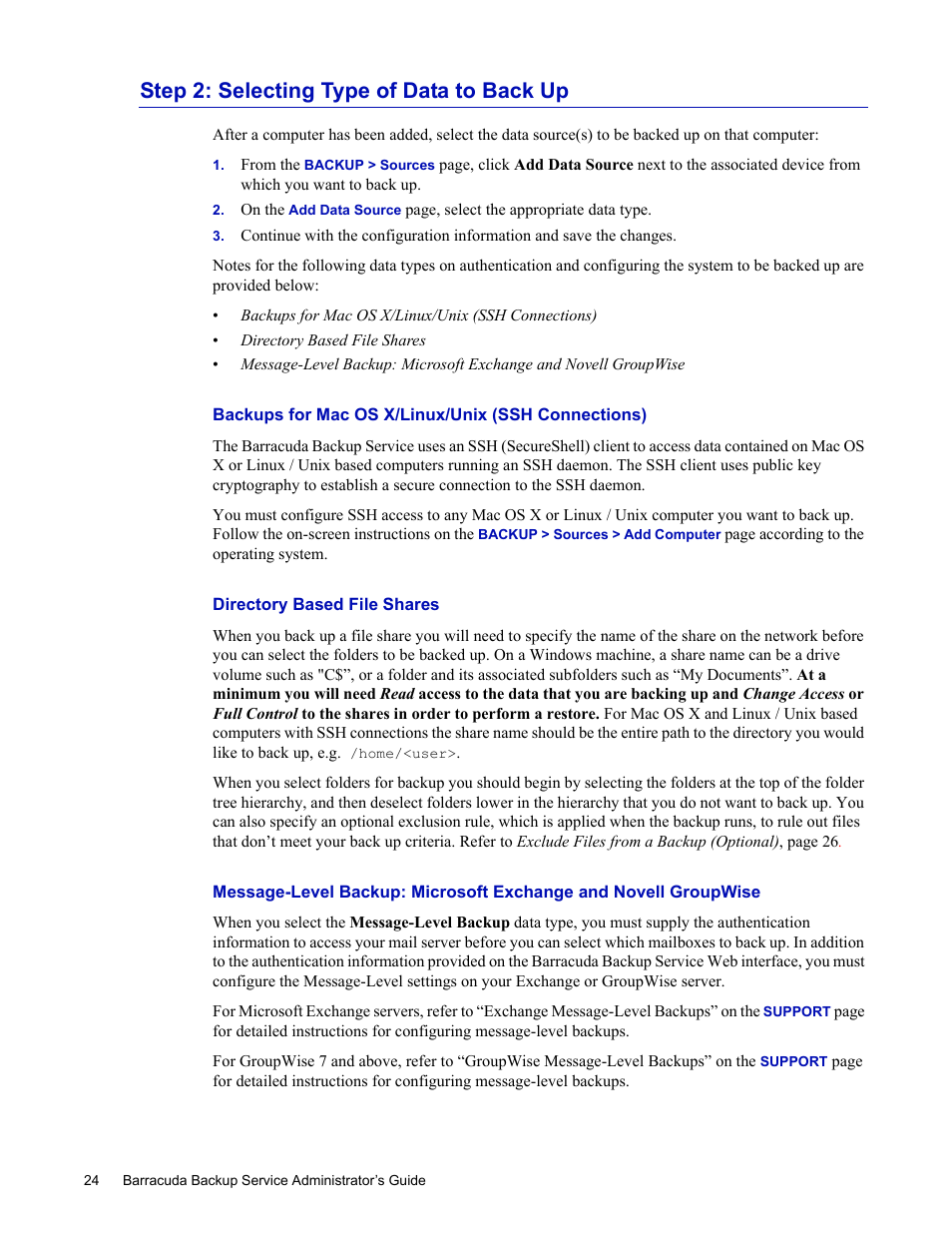 Backups for mac os x/linux/unix (ssh connections), Directory based file shares, Step 2: selecting type of data to back up | Barracuda Networks 4 User Manual | Page 26 / 69