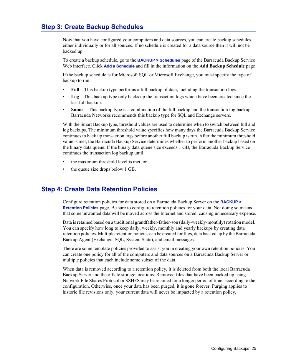 Step 3: create backup schedules, Step 4: create data retention policies | Barracuda Networks 4 User Manual | Page 27 / 69
