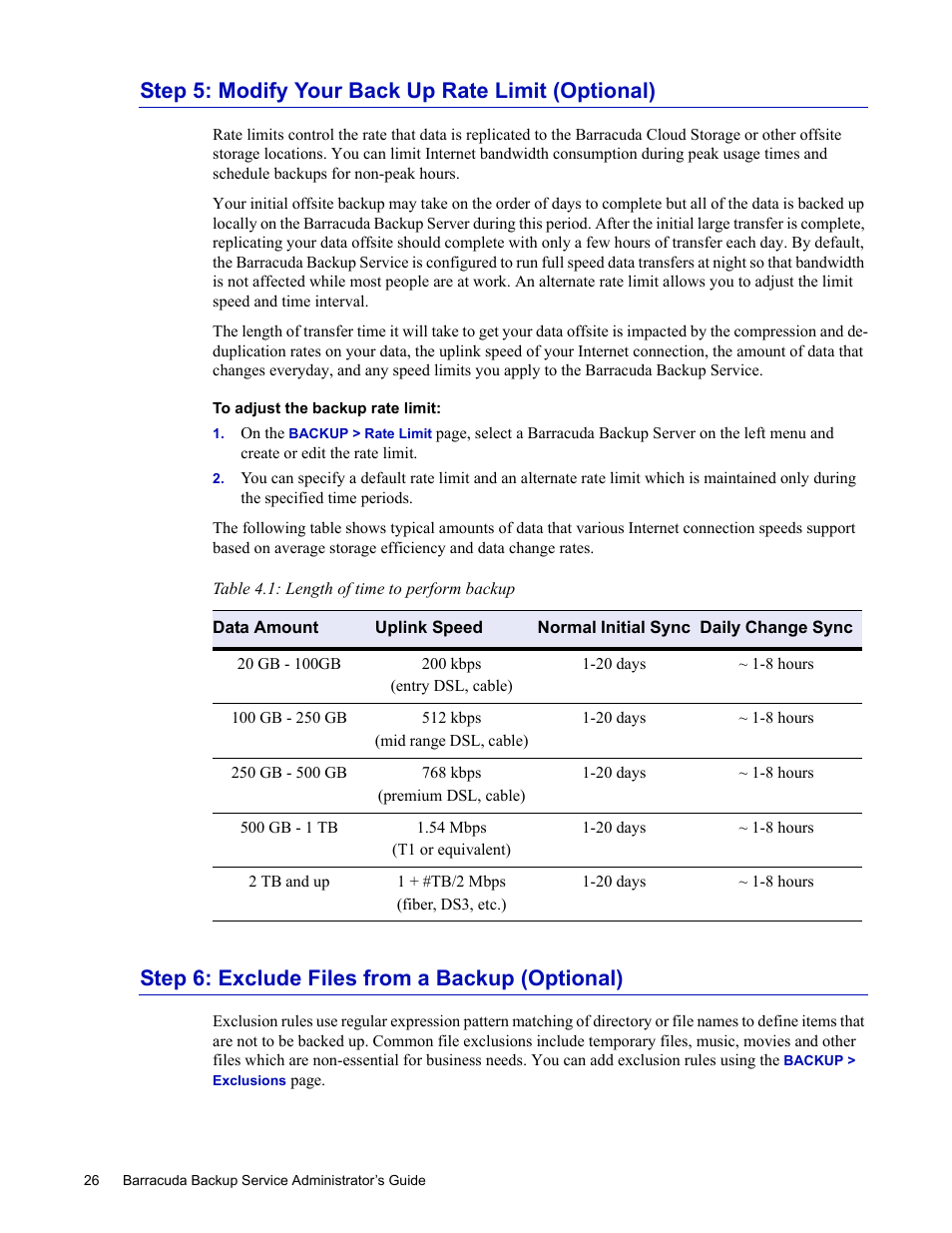 Table 4.1: length of time to perform backup, Step 5: modify your back up rate limit (optional), Step 6: exclude files from a backup (optional) | Barracuda Networks 4 User Manual | Page 28 / 69