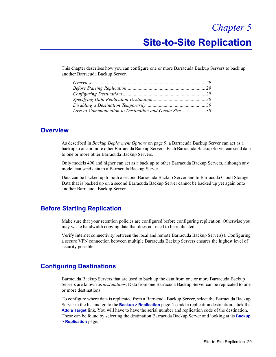 Site-to-site replication, Overview, Before starting replication | Configuring destinations, Chapter 5 – site-to-site replication, Chapter 5 site-to-site replication | Barracuda Networks 4 User Manual | Page 31 / 69