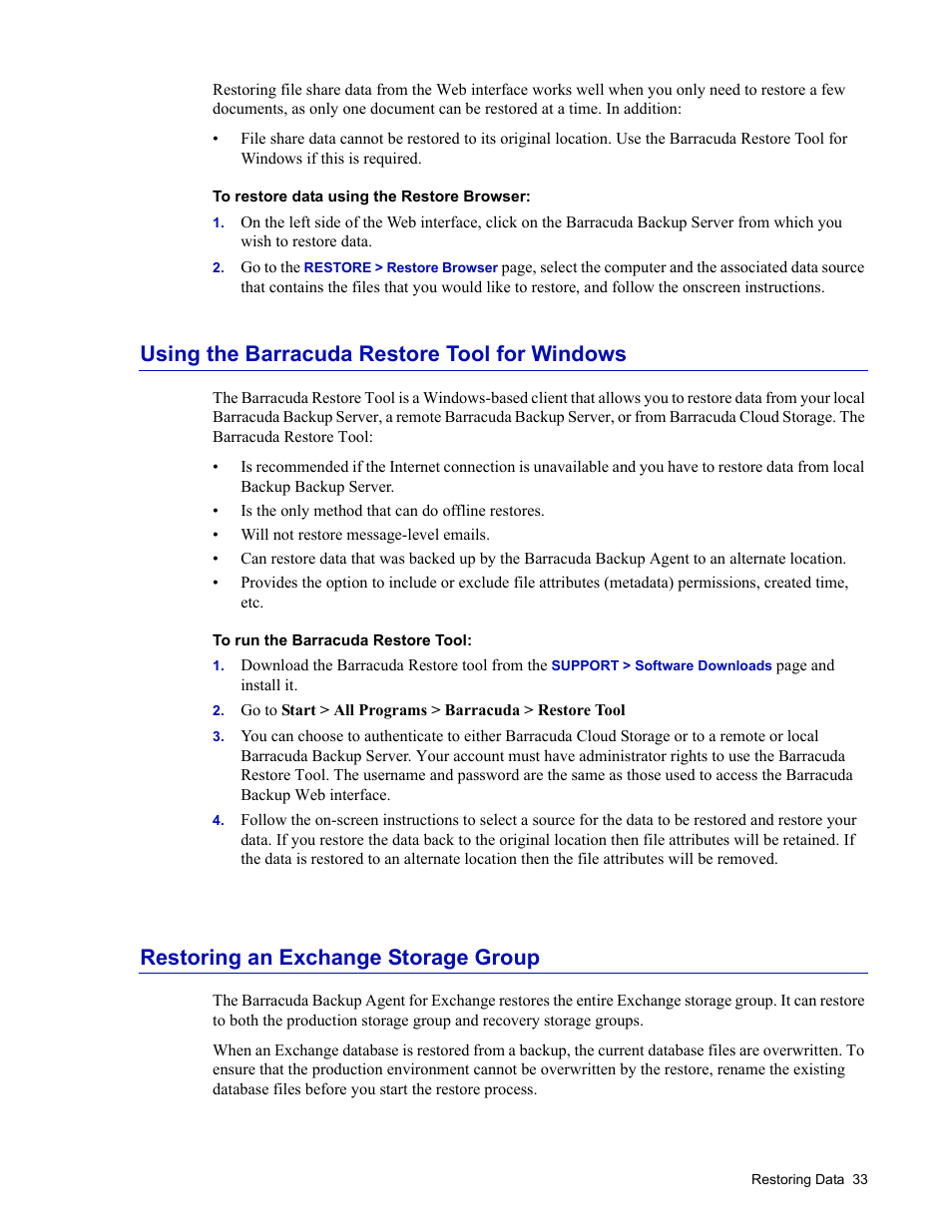 Using the barracuda restore tool for windows, Restoring an exchange storage group | Barracuda Networks 4 User Manual | Page 35 / 69