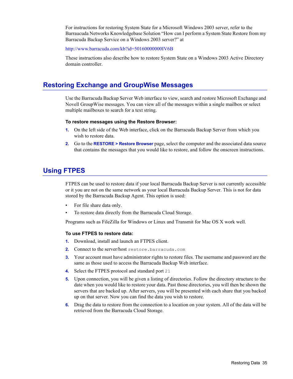 Restoring exchange and groupwise messages, Using ftpes, Download, install and launch an ftpes client | Connect to the server/host restore.barracuda.com, Select the ftpes protocol and standard port 21 | Barracuda Networks 4 User Manual | Page 37 / 69