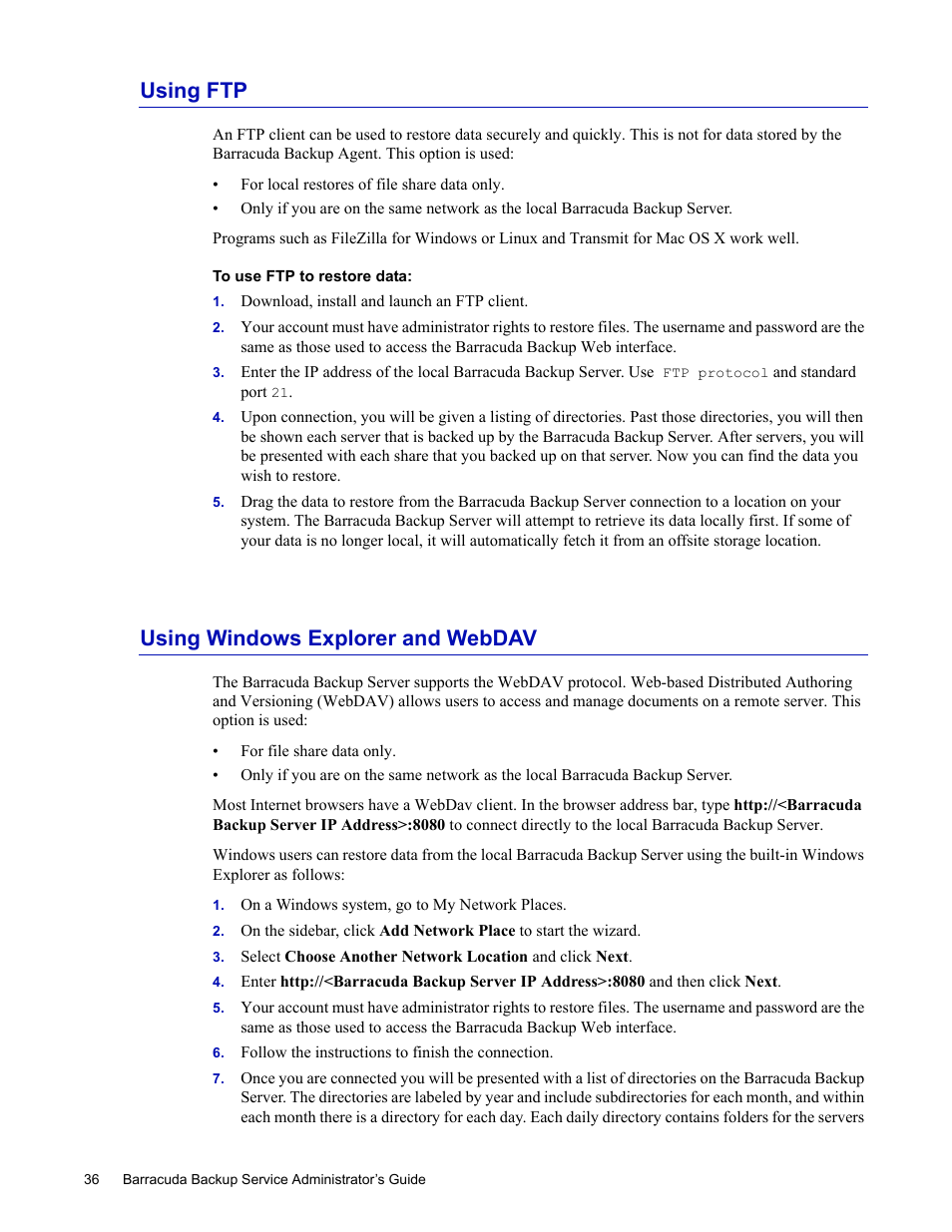 Using ftp, Download, install and launch an ftp client, Using windows explorer and webdav | On a windows system, go to my network places, Follow the instructions to finish the connection, Using ftp using windows explorer and webdav | Barracuda Networks 4 User Manual | Page 38 / 69