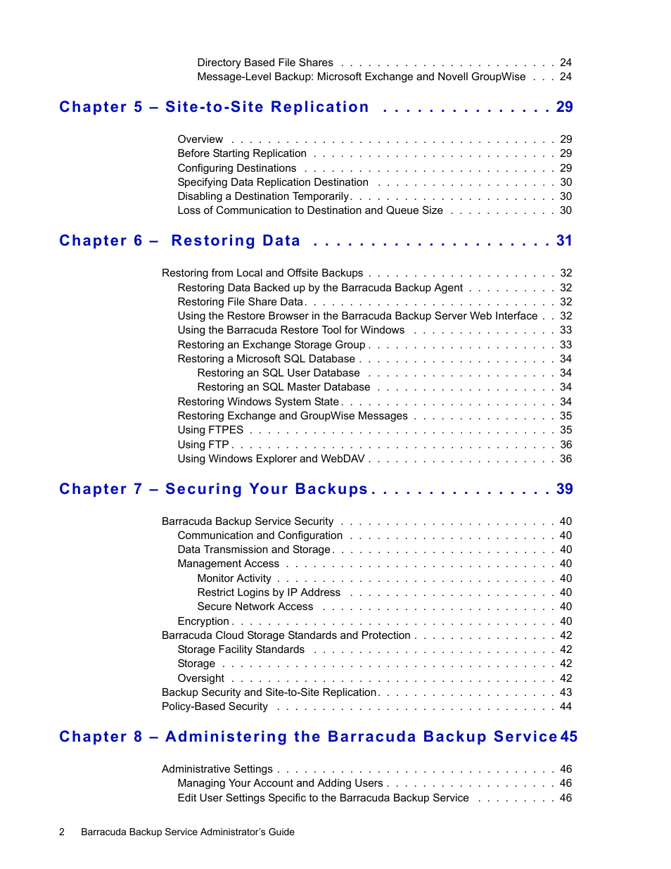 Chapter 5 – site-to-site replication, Chapter 6 – restoring data, Chapter 7 – securing your backups | Barracuda Networks 4 User Manual | Page 4 / 69