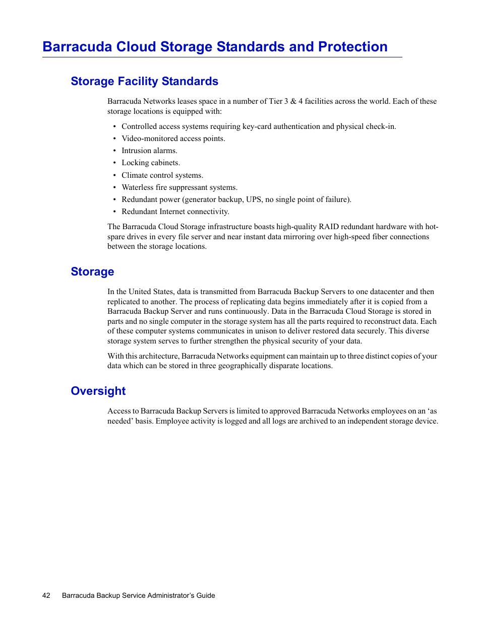 Barracuda cloud storage standards and protection, Storage facility standards, Storage | Oversight, Storage facility standards storage oversight | Barracuda Networks 4 User Manual | Page 44 / 69