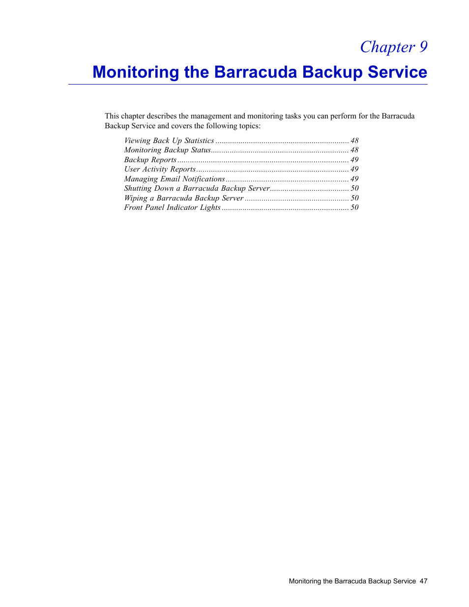 Monitoring the barracuda backup service, Chapter 9 monitoring the barracuda backup service | Barracuda Networks 4 User Manual | Page 49 / 69