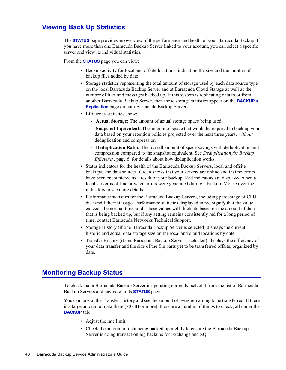 Viewing back up statistics, Monitoring backup status | Barracuda Networks 4 User Manual | Page 50 / 69