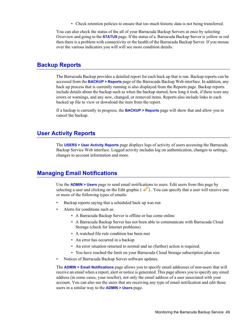 Backup reports, User activity reports, Managing email notifications | Barracuda Networks 4 User Manual | Page 51 / 69