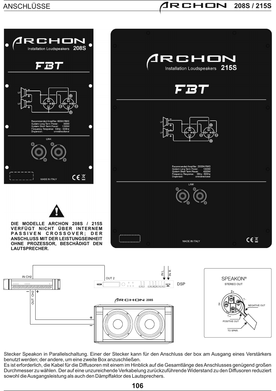 Archon, Anschlüsse | FBT Archon User Manual | Page 112 / 116