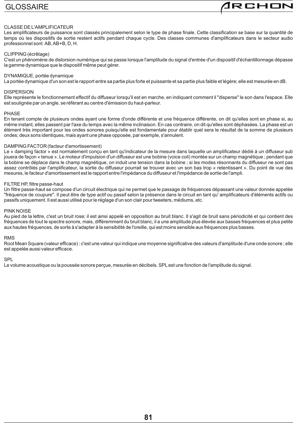 Archon, 81 glossaire | FBT Archon User Manual | Page 86 / 116