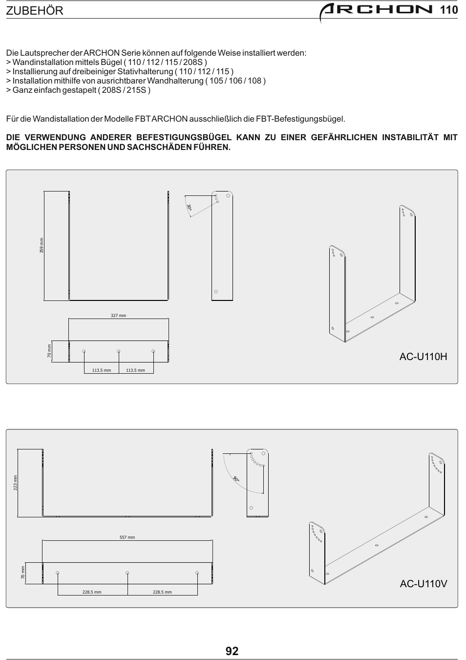 Archon, Zubehör 92, Ac-u110v | Ac-u110h | FBT Archon User Manual | Page 98 / 116