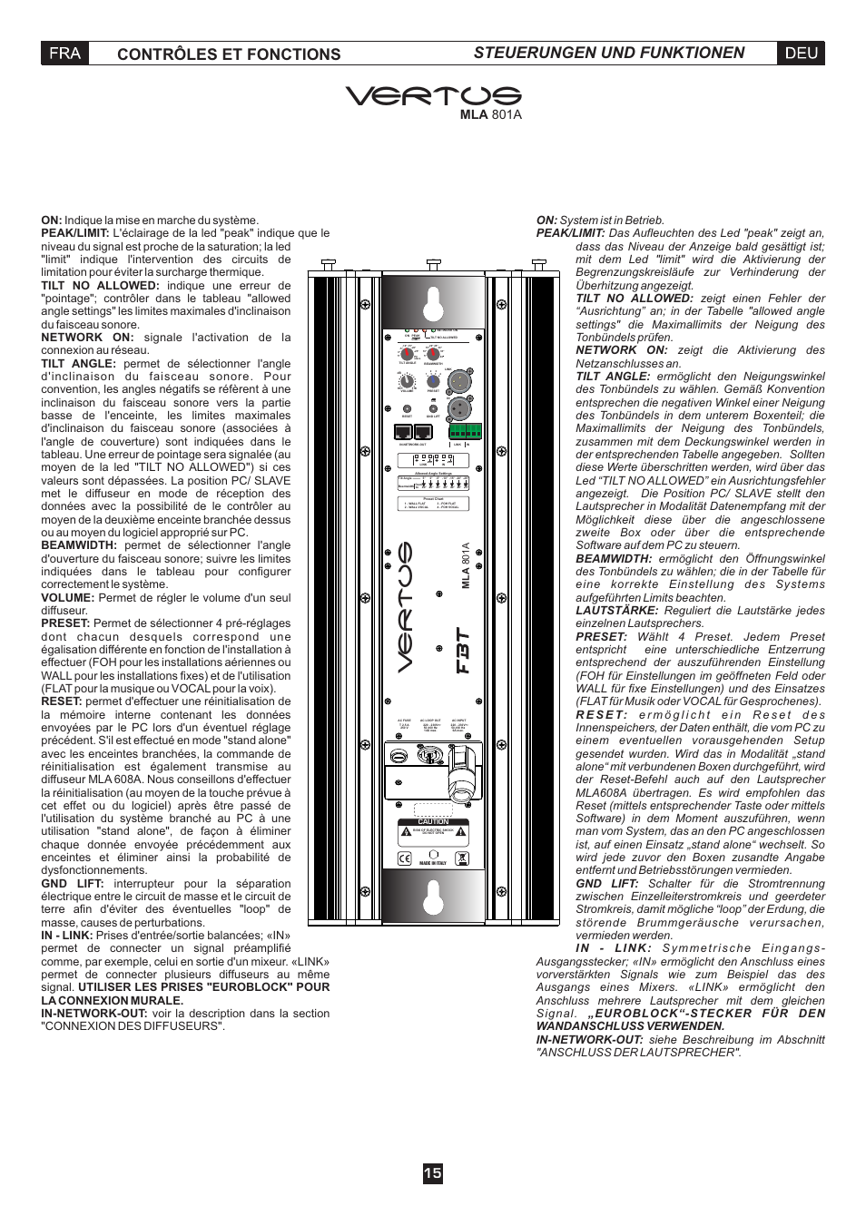 Vertus, Contrôles et fonctions steuerungen und funktionen, Mla 801a | FBT MLA 801A User Manual | Page 17 / 24