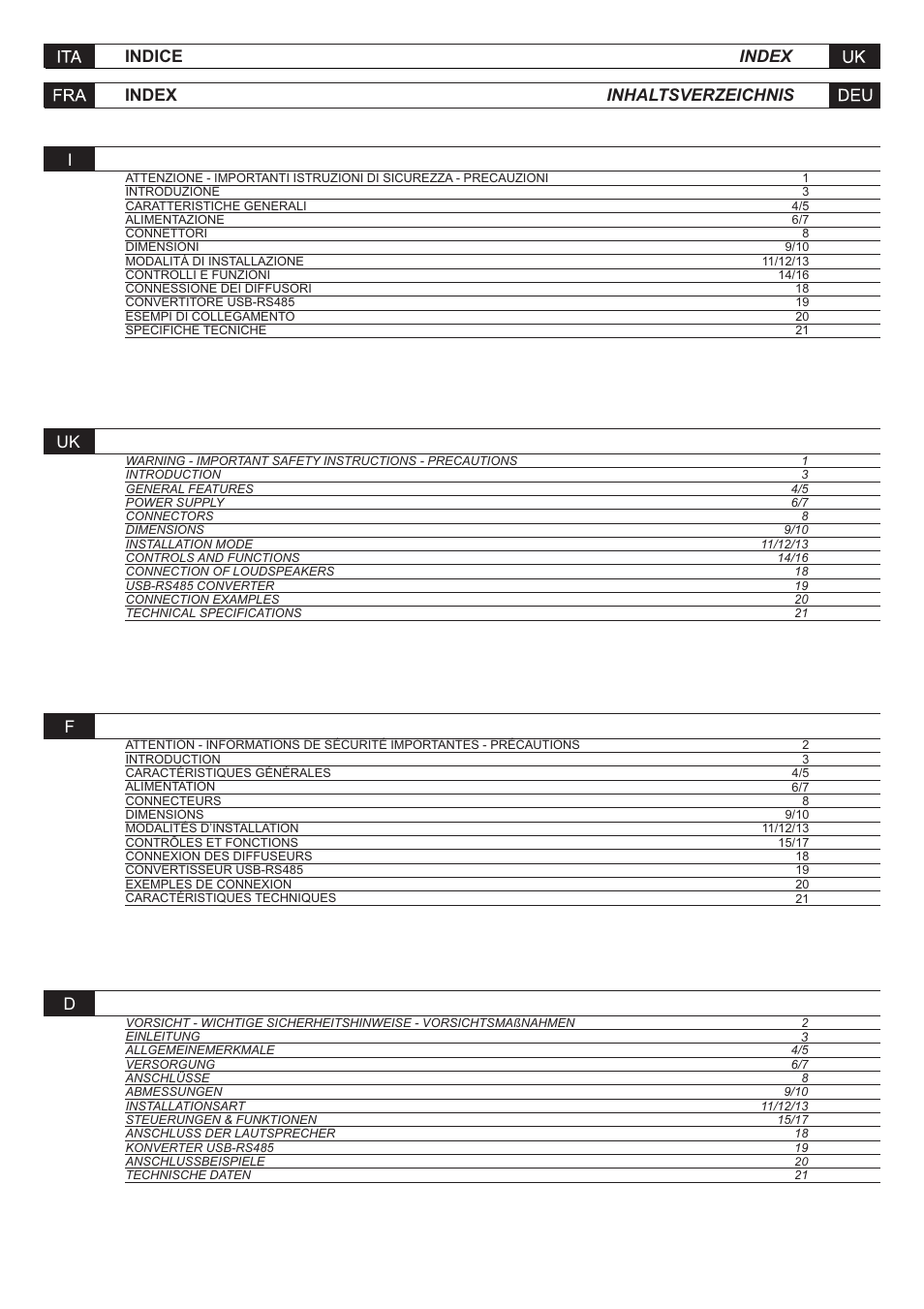 Indice index index inhaltsverzeichnis, Iuk f d | FBT MLA 801A User Manual | Page 2 / 24