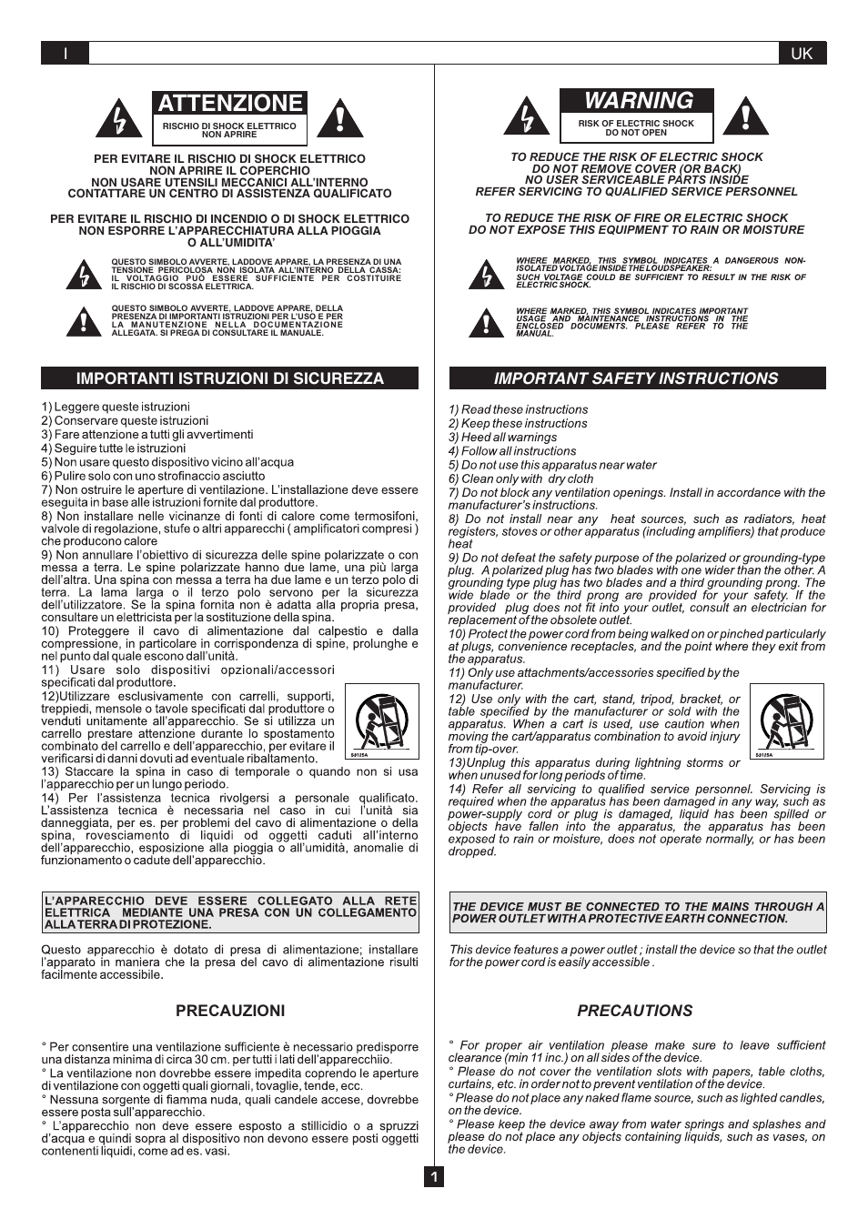 Warning, Attenzione | FBT MLA 801A User Manual | Page 3 / 24