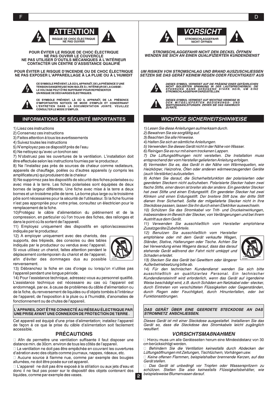 Attention, Vorsicht | FBT MLA 801A User Manual | Page 4 / 24