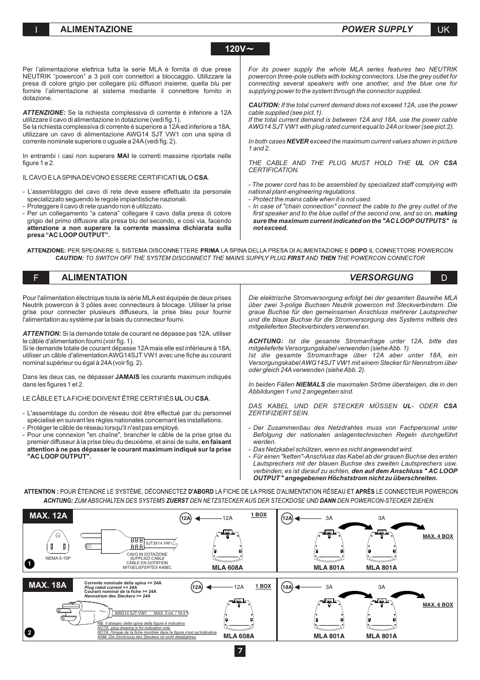 Alimentazione uk i power supply, Alimentation d f versorgung 120v, Max. 12a | Max. 18a | FBT MLA 801A User Manual | Page 9 / 24