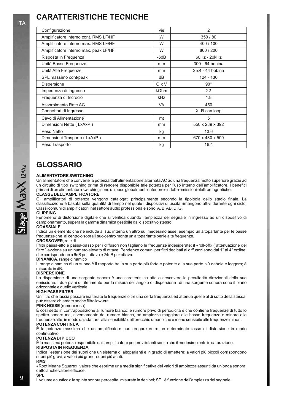 Sta e, Caratteristiche tecniche, Glossario | 12 m a | FBT StageMaxX User Manual | Page 12 / 44