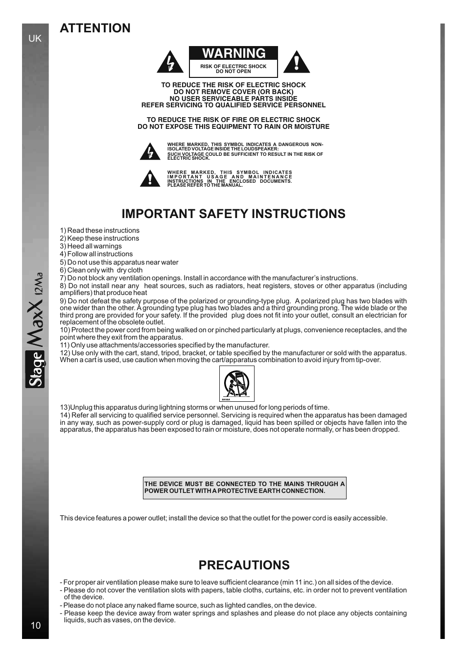 Sta e, Attenzione, Warning | 12 m a | FBT StageMaxX User Manual | Page 14 / 44