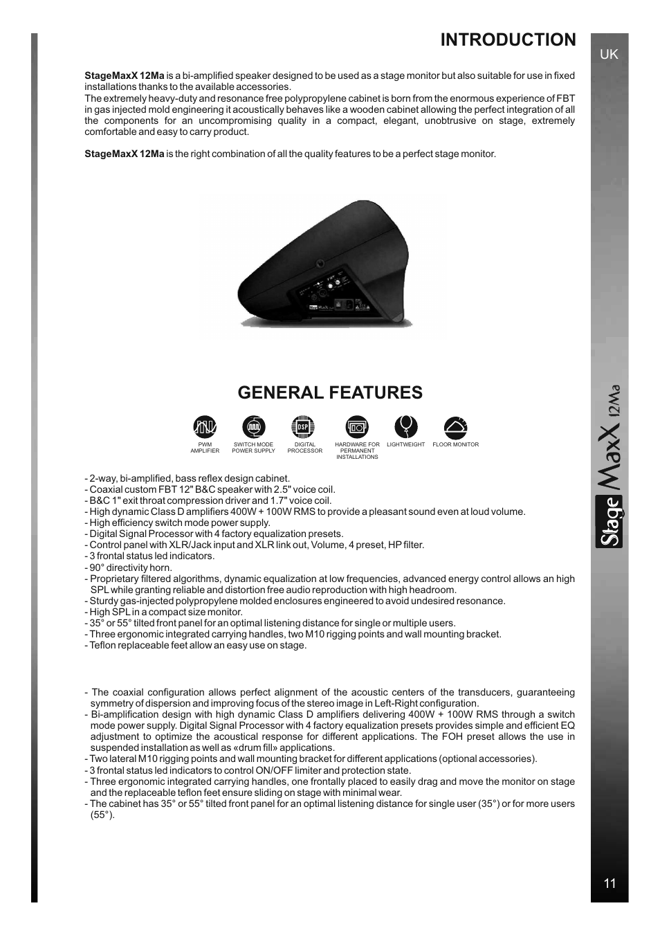 Sta e, Introduction, General features | 12 m a, Uk 11 | FBT StageMaxX User Manual | Page 15 / 44