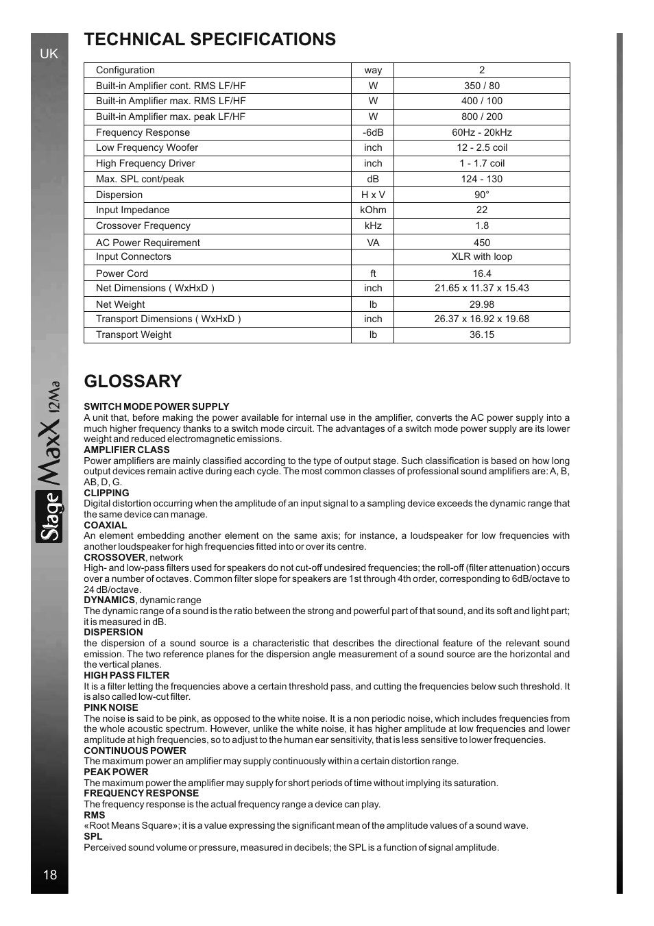 Sta e, Technical specifications, Glossary | 12 m a | FBT StageMaxX User Manual | Page 22 / 44