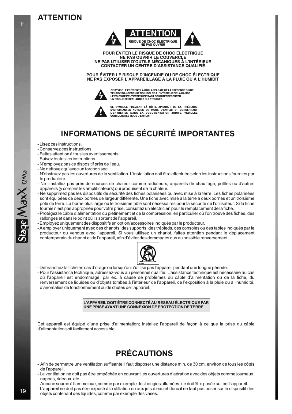Sta e, Attenzione, Attention | Informations de sécurité importantes précautions, 12 m a | FBT StageMaxX User Manual | Page 24 / 44
