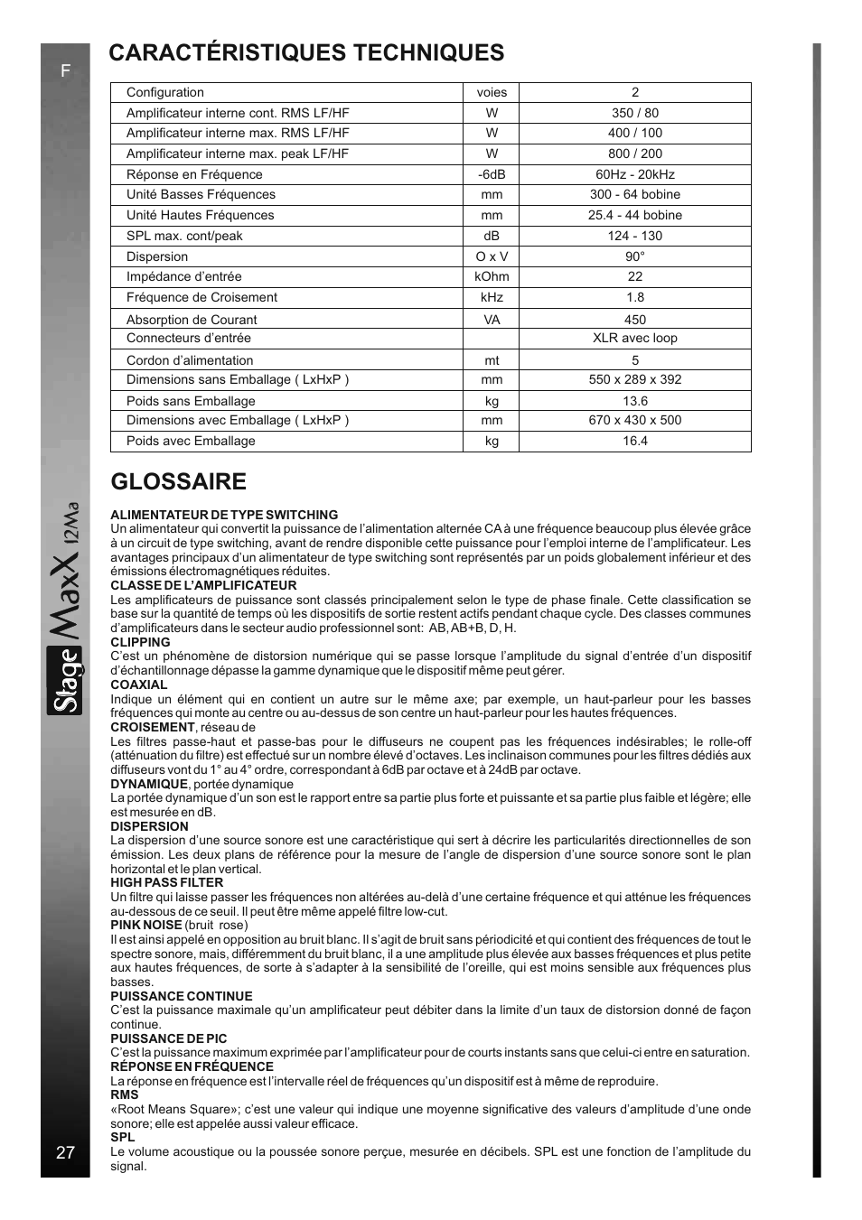 Sta e, Caractéristiques techniques, Glossaire | 12 m a | FBT StageMaxX User Manual | Page 32 / 44