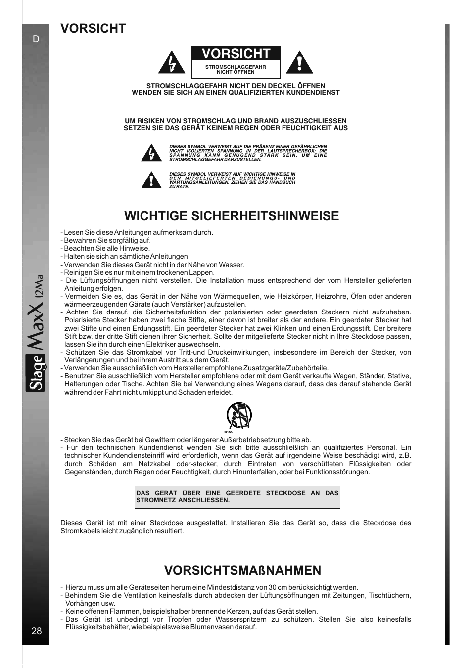 Sta e, Attenzione, Vorsicht | Wichtige sicherheitshinweise vorsichtsmaßnahmen, 12 m a | FBT StageMaxX User Manual | Page 34 / 44
