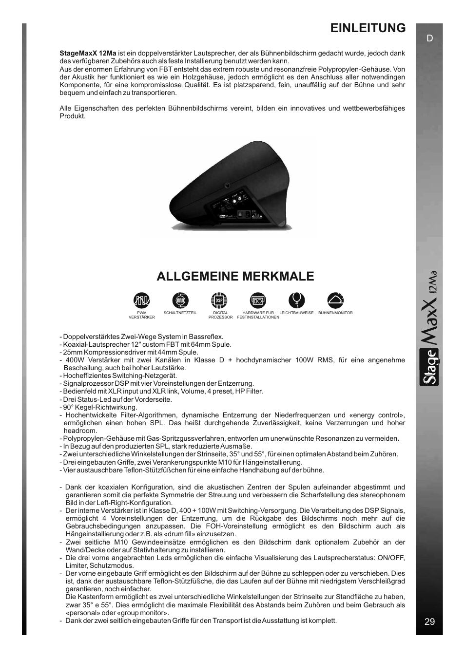 Sta e, Einleitung, Allgemeine merkmale | 12 m a, 29 d | FBT StageMaxX User Manual | Page 35 / 44