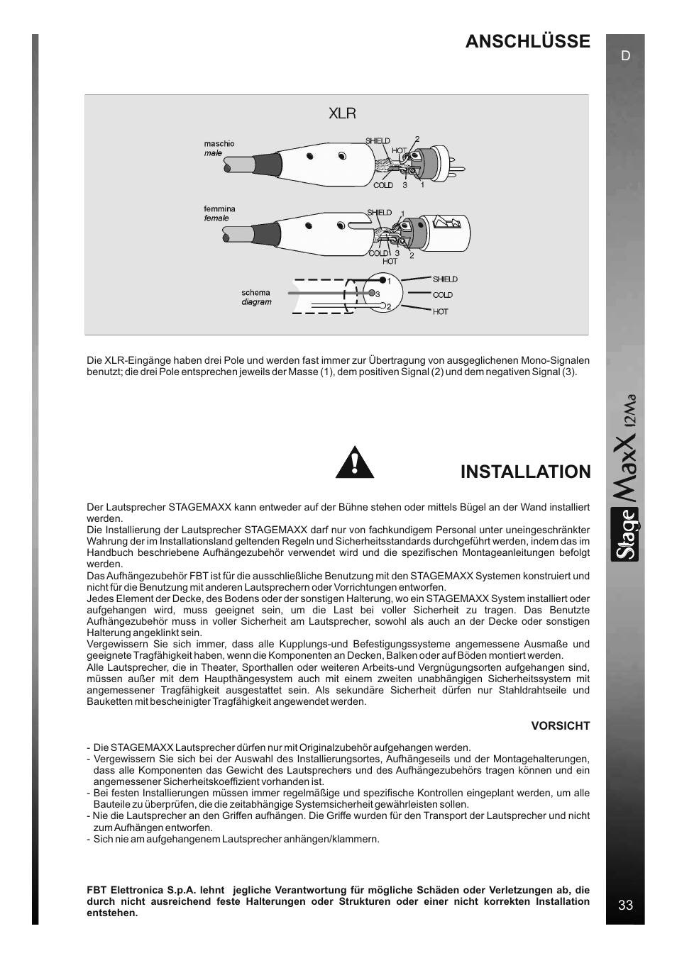 Sta e, Installation, Anschlüsse | FBT StageMaxX User Manual | Page 39 / 44