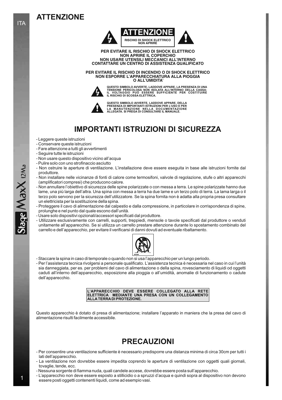 Sta e, Attenzione, Importanti istruzioni di sicurezza precauzioni | 12 m a | FBT StageMaxX User Manual | Page 4 / 44