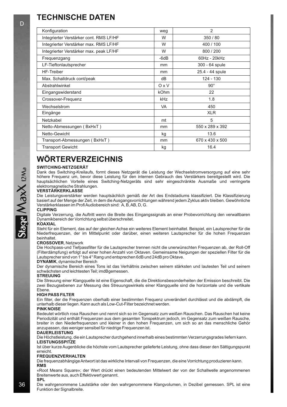 Sta e, Technische daten, Wörterverzeichnis | 12 m a | FBT StageMaxX User Manual | Page 42 / 44