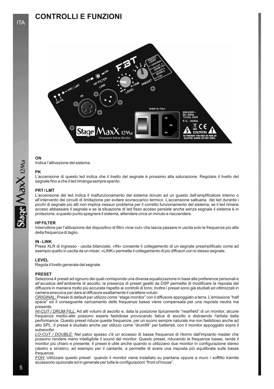 Sta e, Controlli e funzioni, 12 m a | FBT StageMaxX User Manual | Page 8 / 44