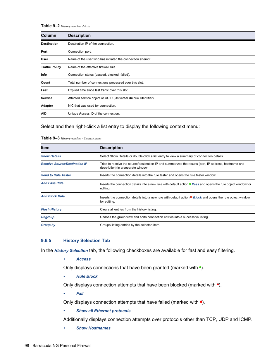 5 history selection tab | Barracuda Networks VERSION SP4 User Manual | Page 100 / 268