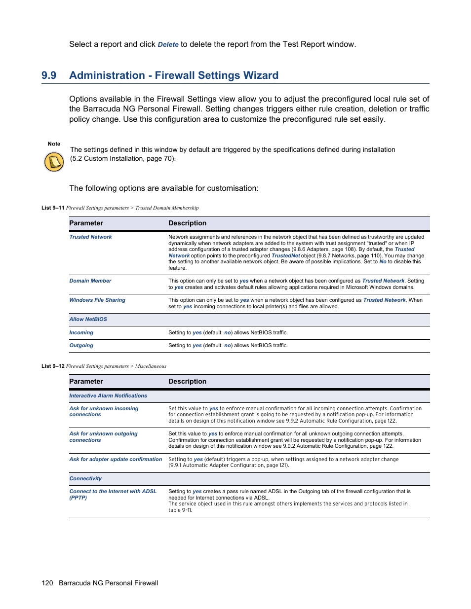 9 administration - firewall settings wizard, Administration - firewall settings wizard, Trusted network | Windows file sharing, Connect to the internet with adsl (pptp), Ask for adapter update confirmation, Ask for unknown outgoing connections, Ask for unknown incoming connections, View (9.9 administration - firewall, Select a report and click | Barracuda Networks VERSION SP4 User Manual | Page 122 / 268