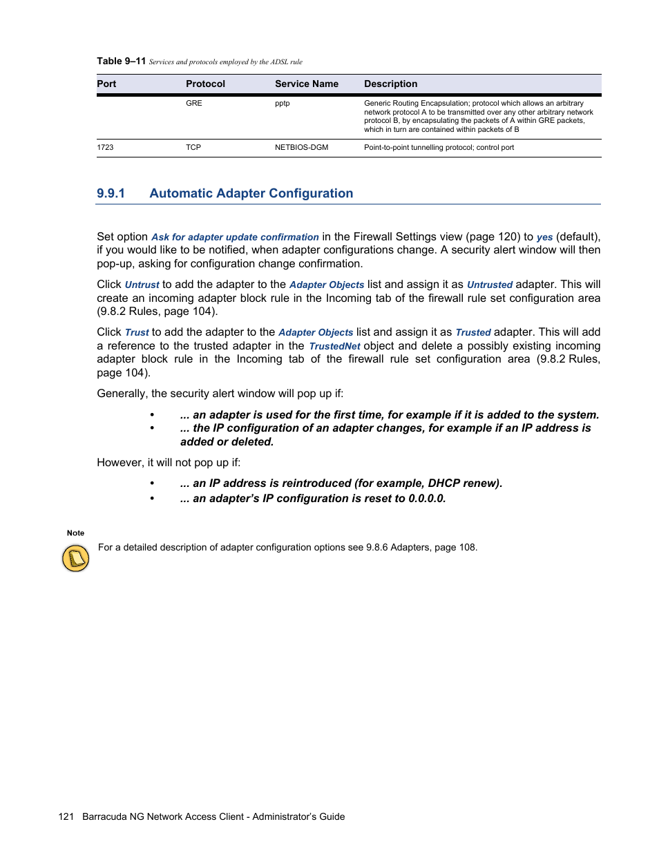 1 automatic adapter configuration, Automatic adapter configuration, Table 9–11 | Barracuda Networks VERSION SP4 User Manual | Page 123 / 268