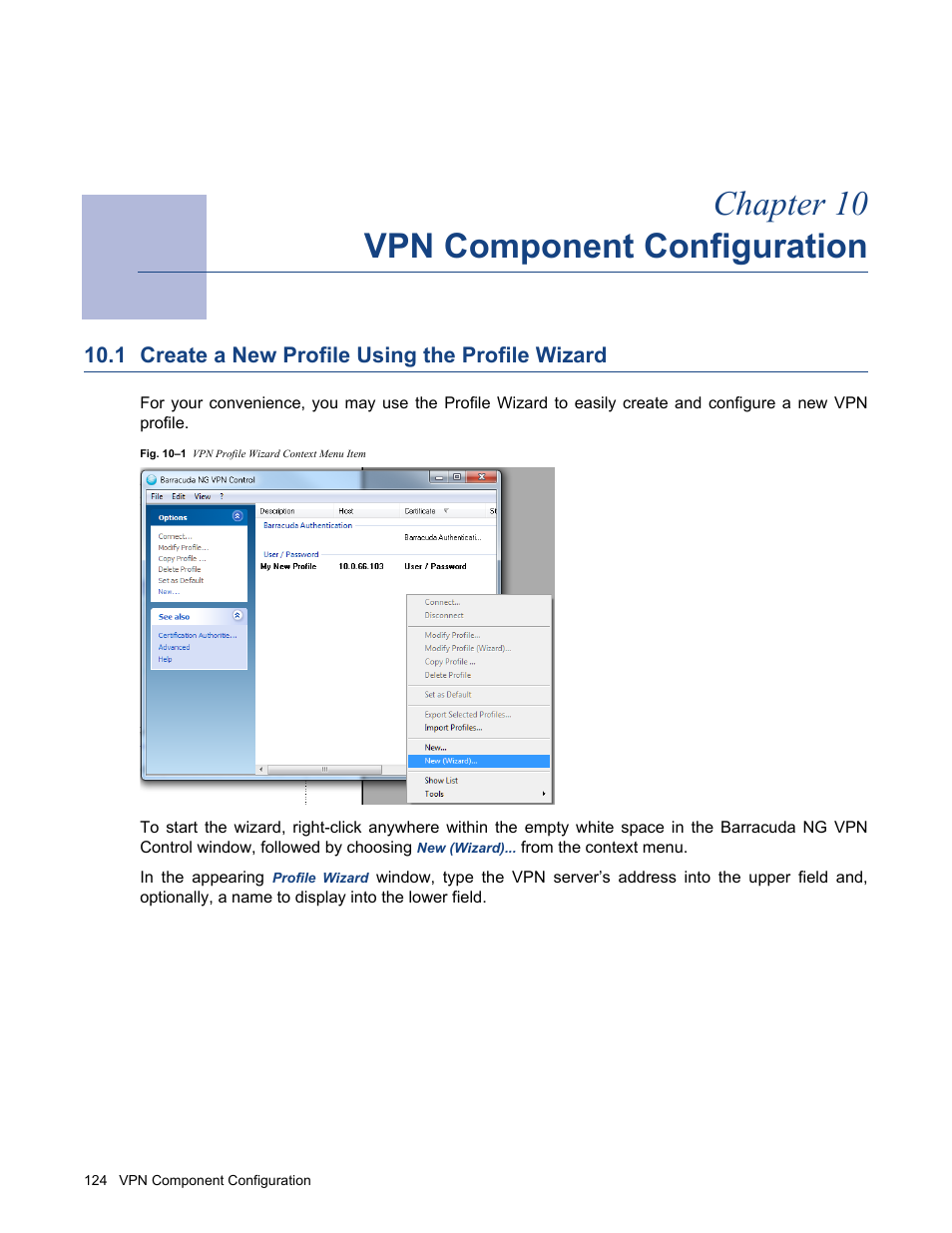 Vpn component configuration, 1 create a new profile using the profile wizard, Chapter 10 - vpn component configuration | Create a new profile using the profile wizard, Chapter 10 vpn component configuration | Barracuda Networks VERSION SP4 User Manual | Page 126 / 268