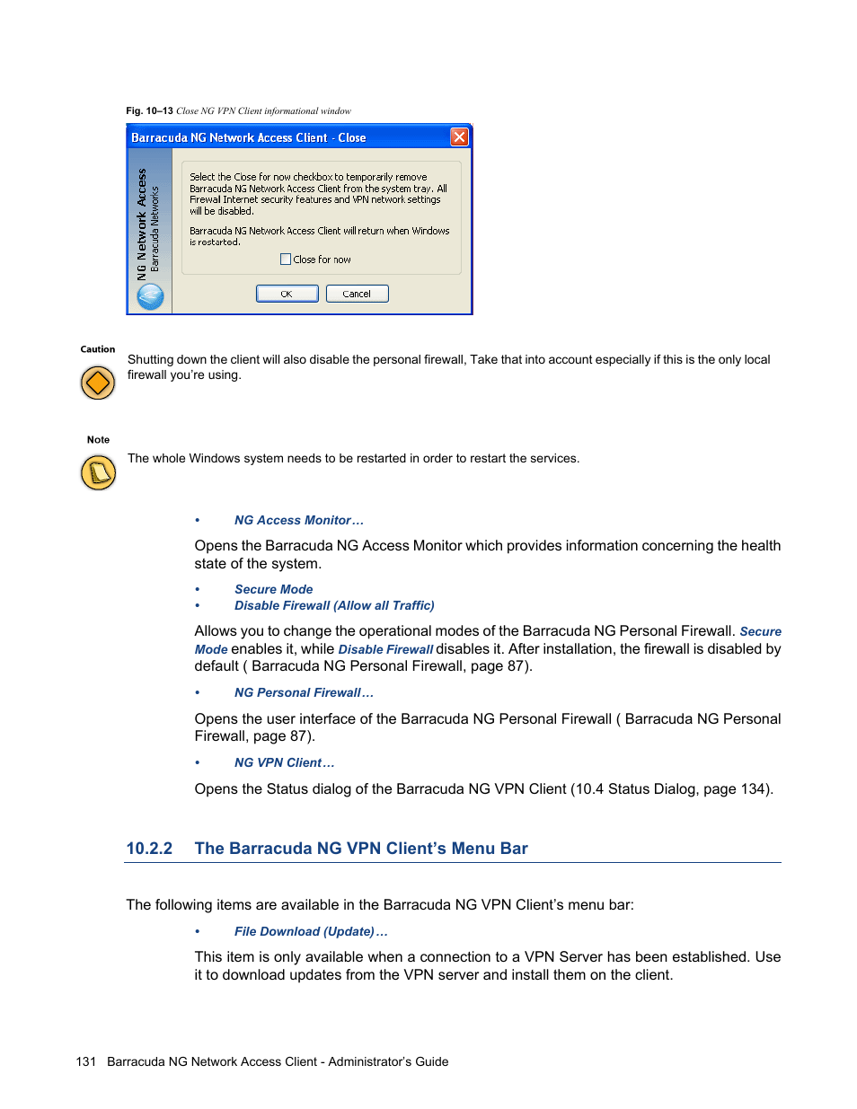 2 the barracuda ng vpn client’s menu bar, The barracuda ng vpn client’s menu bar | Barracuda Networks VERSION SP4 User Manual | Page 133 / 268