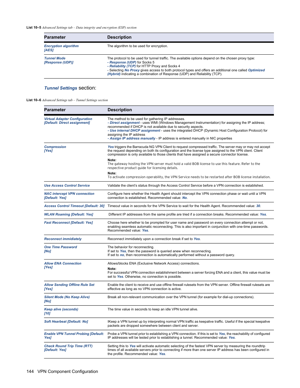 Compression, 144 vpn component configuration tunnel settings, Parameter description | Barracuda Networks VERSION SP4 User Manual | Page 146 / 268