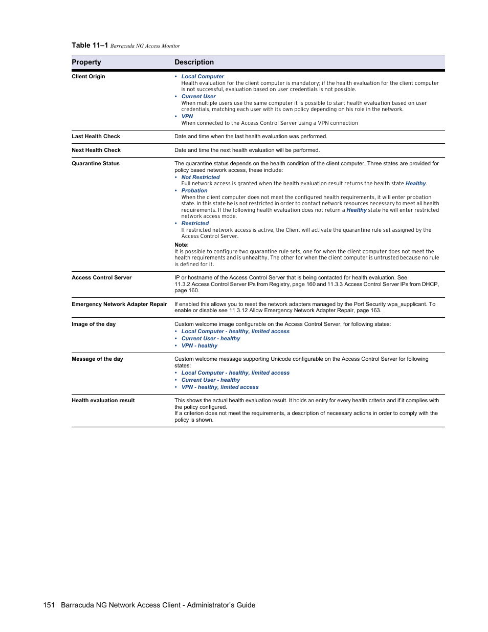 Table 11–1, Property description | Barracuda Networks VERSION SP4 User Manual | Page 153 / 268