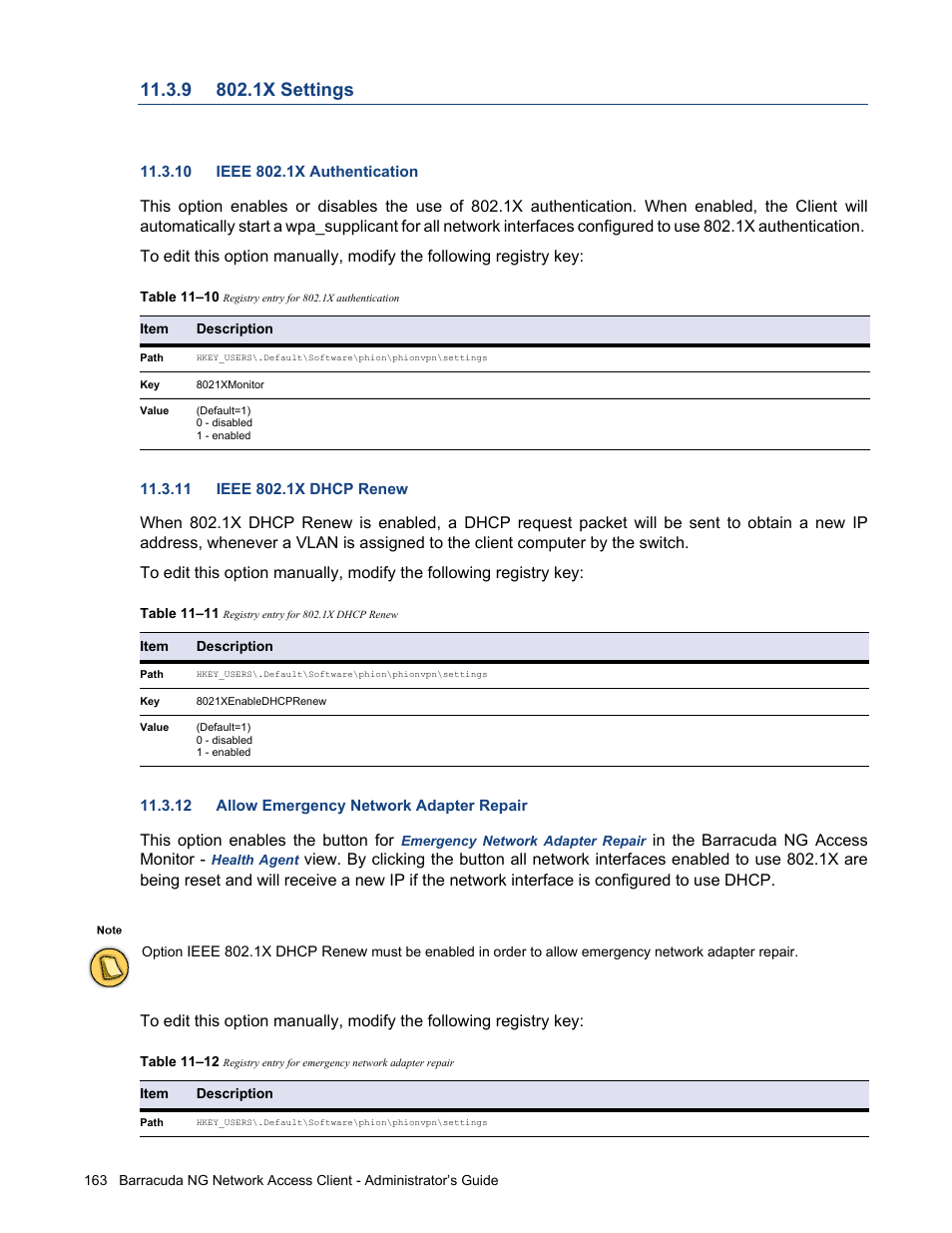 9 802.1x settings, 10 ieee 802.1x authentication, 11 ieee 802.1x dhcp renew | 12 allow emergency network adapter repair, 1x settings | Barracuda Networks VERSION SP4 User Manual | Page 165 / 268