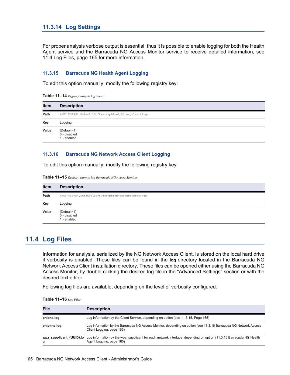14 log settings, 15 barracuda ng health agent logging, 16 barracuda ng network access client logging | 4 log files, Log settings, Log files | Barracuda Networks VERSION SP4 User Manual | Page 167 / 268