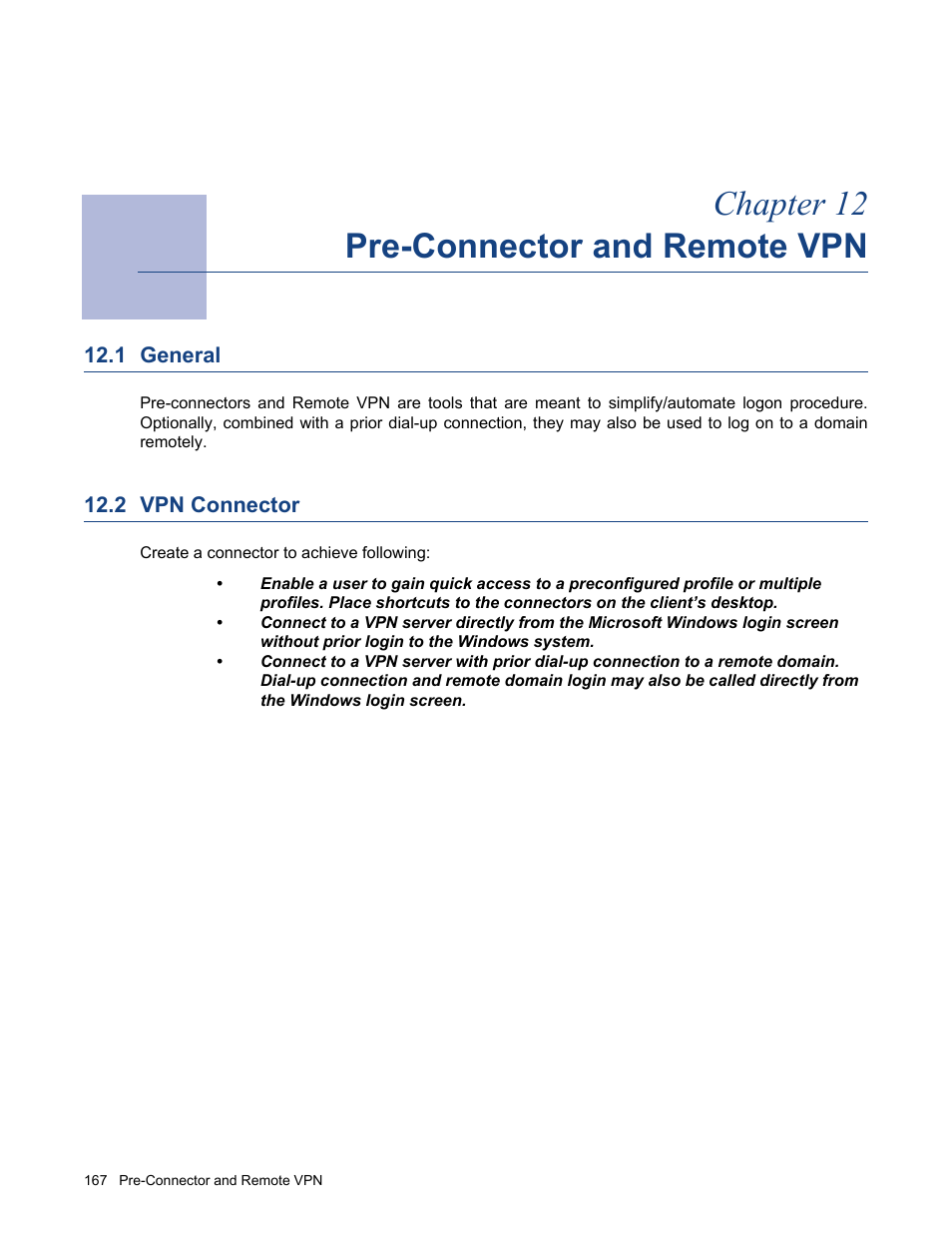 Pre-connector and remote vpn, 1 general, 2 vpn connector | Chapter 12 - pre-connector and remote vpn, General, Vpn connector, Chapter 12 pre-connector and remote vpn | Barracuda Networks VERSION SP4 User Manual | Page 169 / 268