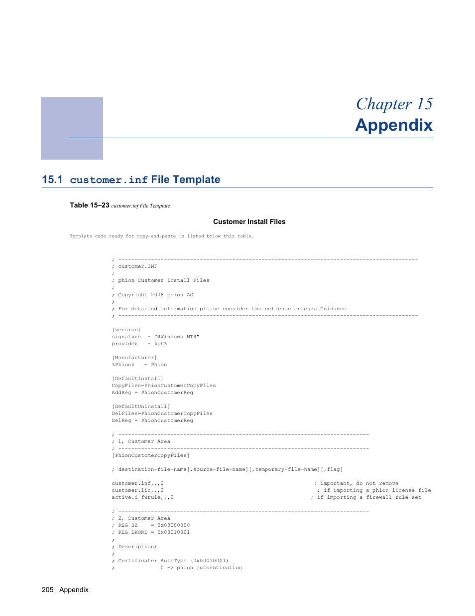Appendix, 1 customer.inf file template, Chapter 15 - appendix | Customer.inf file template, Chapter 15 appendix | Barracuda Networks VERSION SP4 User Manual | Page 207 / 268