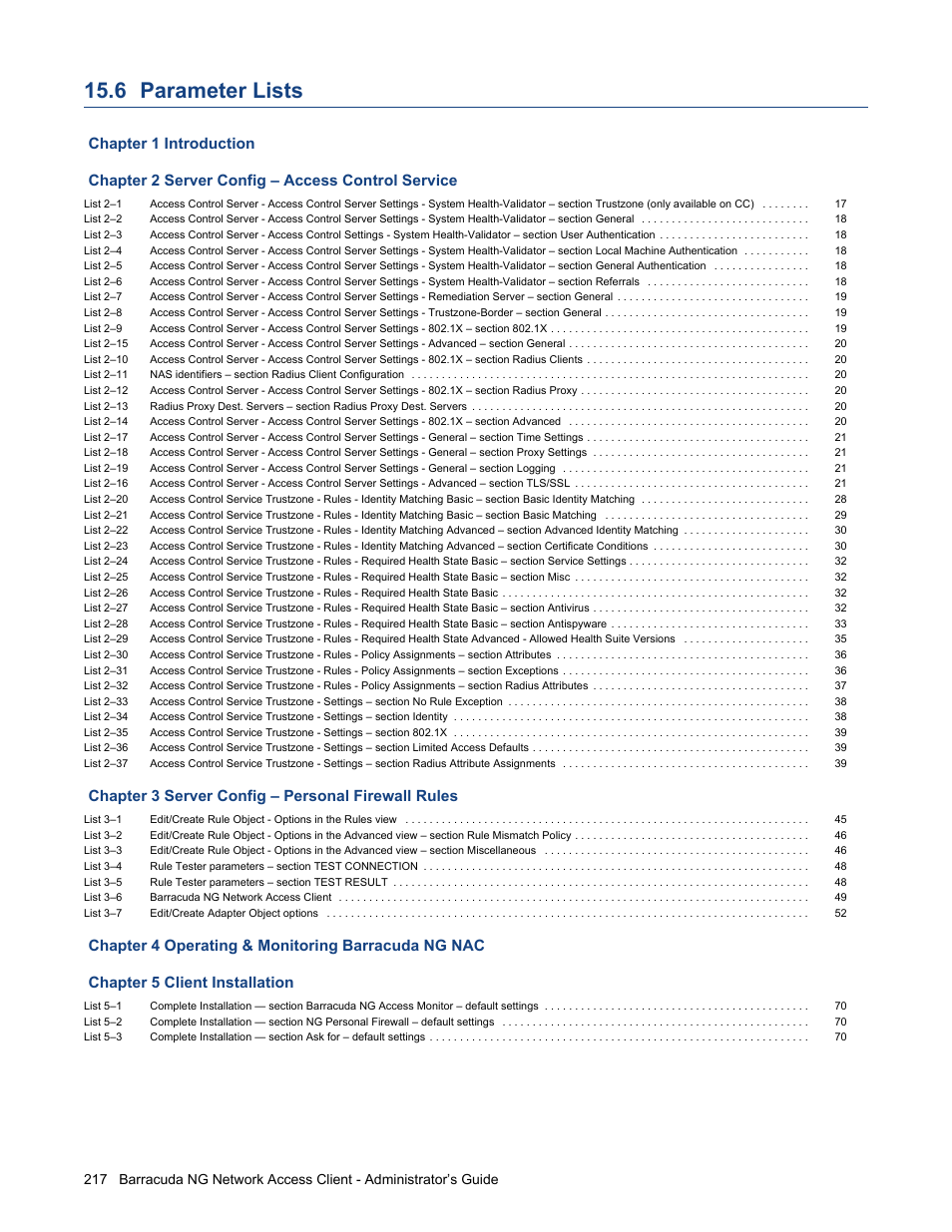 6 parameter lists, Parameter lists, Chapter 3 server config – personal firewall rules | Barracuda Networks VERSION SP4 User Manual | Page 219 / 268