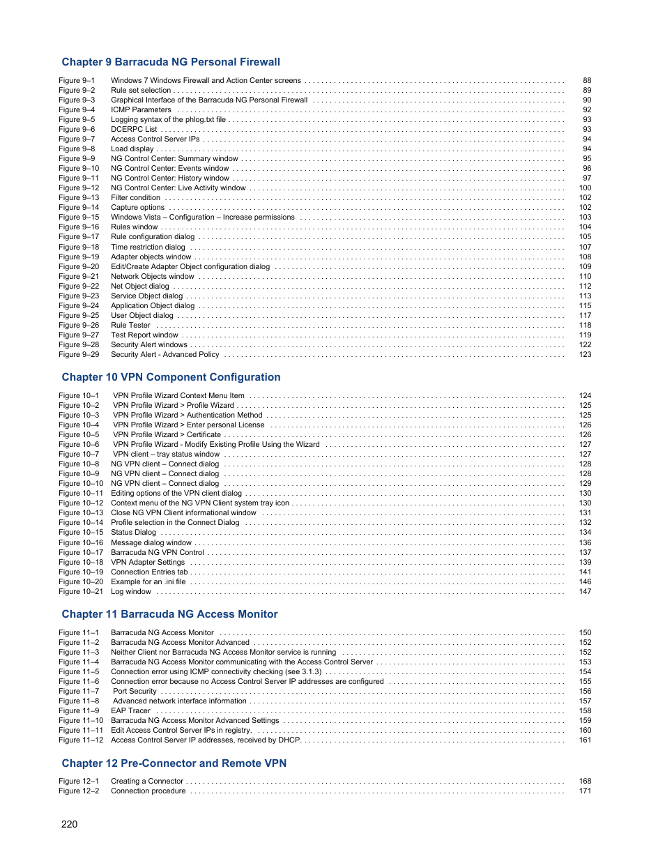 Chapter 9 barracuda ng personal firewall, Chapter 10 vpn component configuration, Chapter 11 barracuda ng access monitor | Chapter 12 pre-connector and remote vpn | Barracuda Networks VERSION SP4 User Manual | Page 222 / 268