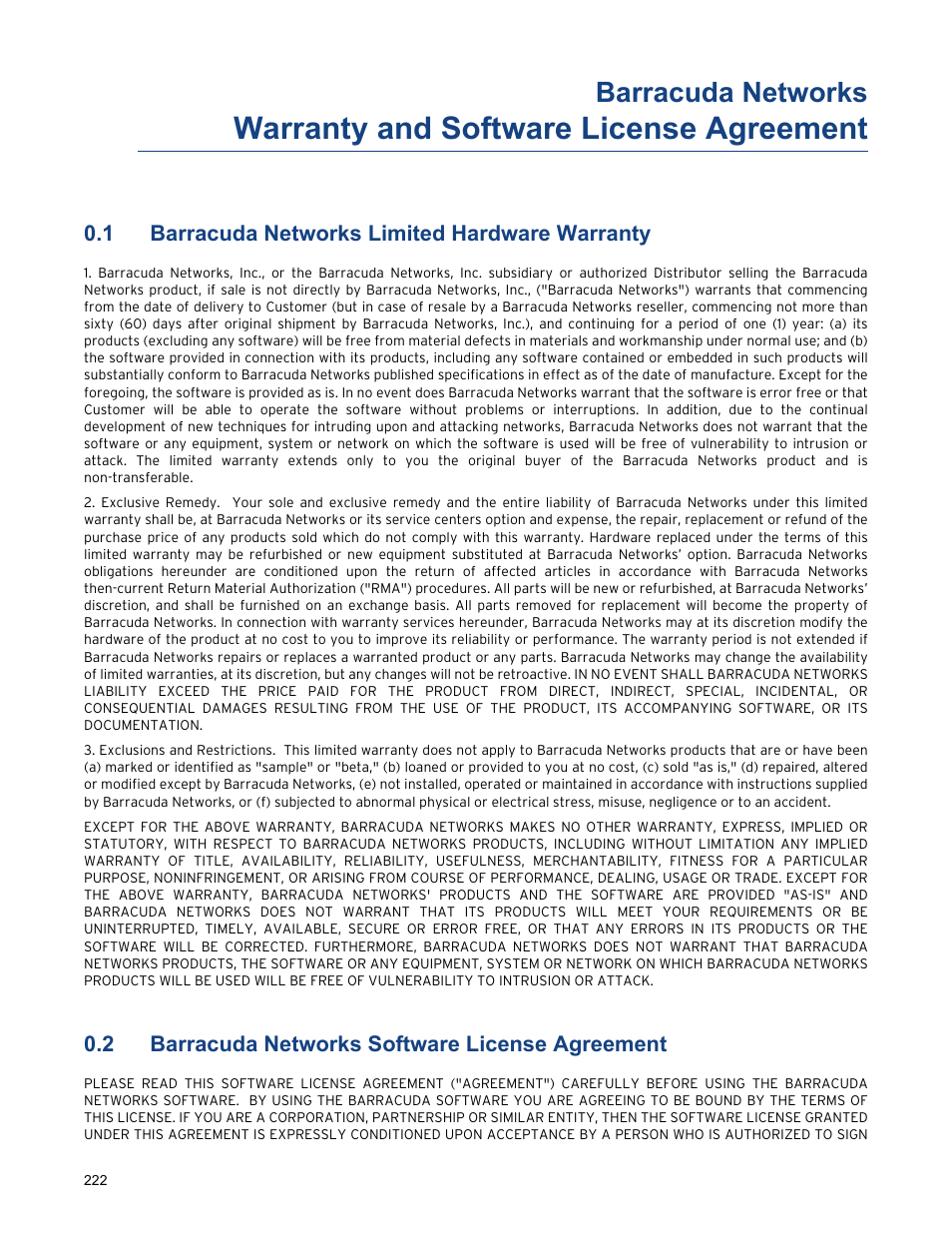 Warranty and software license agreement, 1 barracuda networks limited hardware warranty, 2 barracuda networks software license agreement | Barracuda networks limited hardware warranty, Barracuda networks software license agreement, Barracuda networks | Barracuda Networks VERSION SP4 User Manual | Page 224 / 268